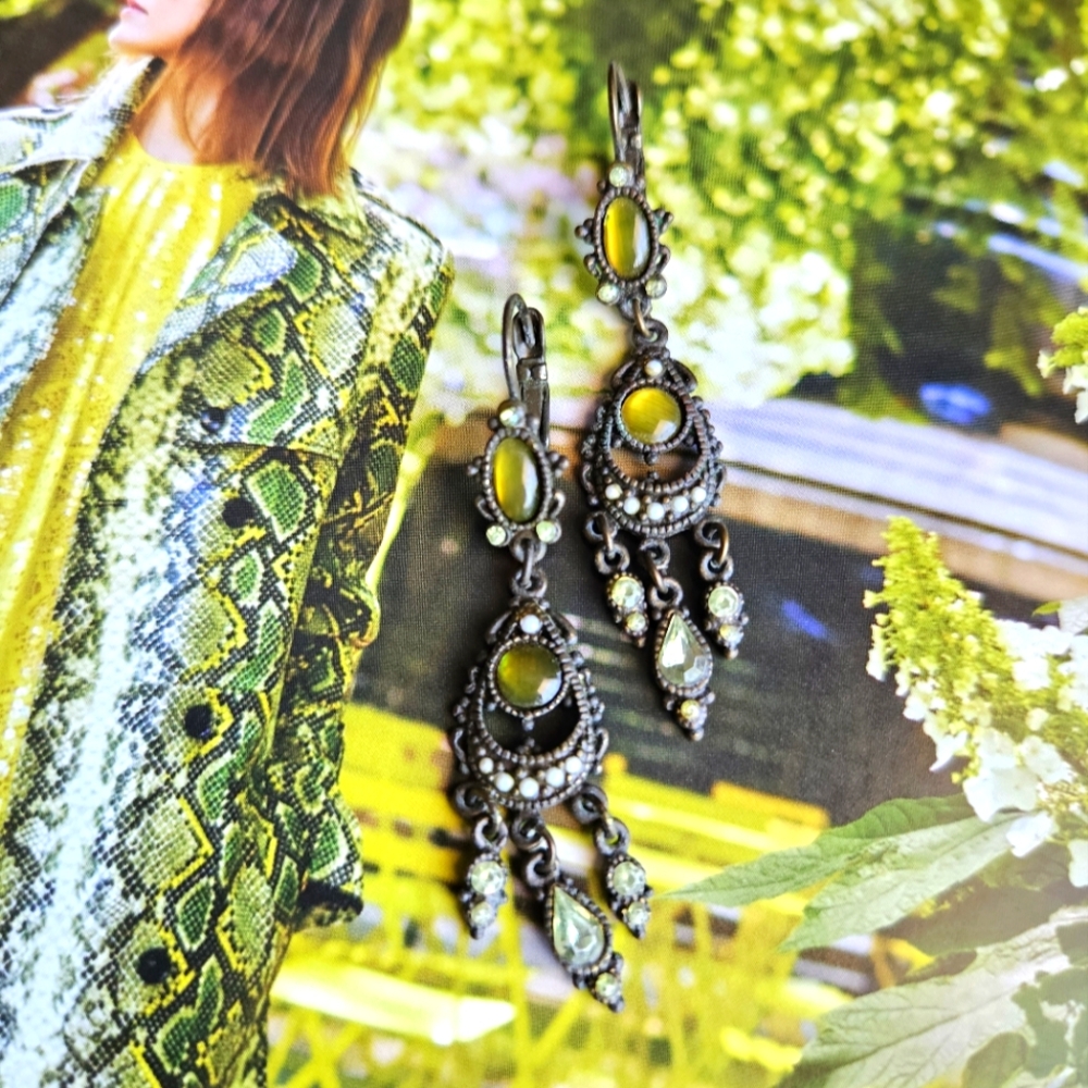 Vintg 30s Earrings Chandelier Signed w/StarSpain Pearls Opalescent Peridot Green